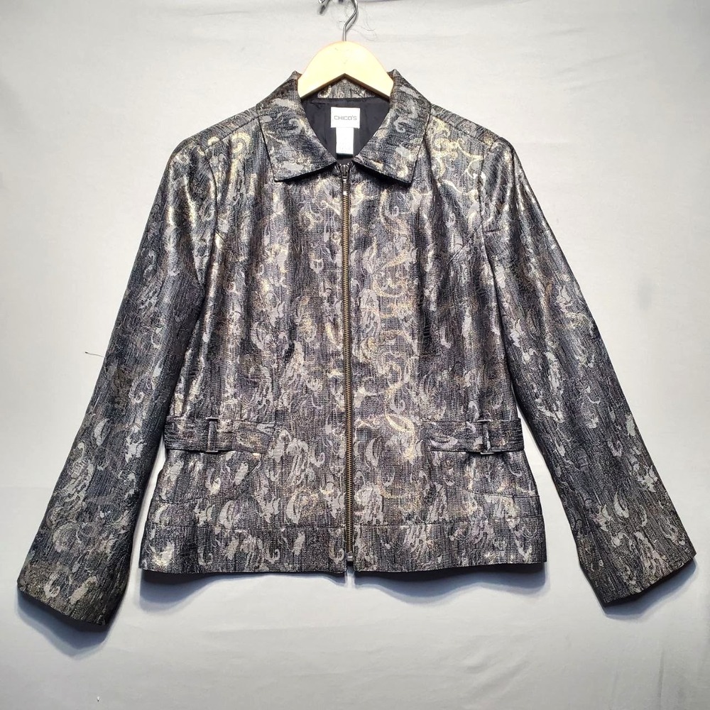 Chicos Jacket Womens M Gray Gold Metallic Shimmer Floral Brocade Y2K Old Money